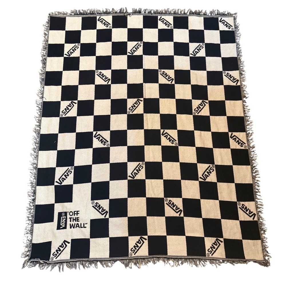 Vans Off The Wall Checkerboard Woven Tapestry Throw Blanket Black White Logo